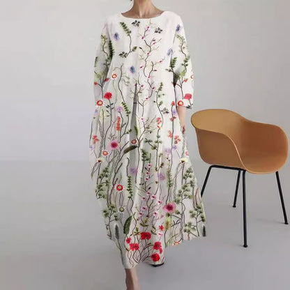 Retro Floral Pocketed Loose Womens Printed Maxi Dress