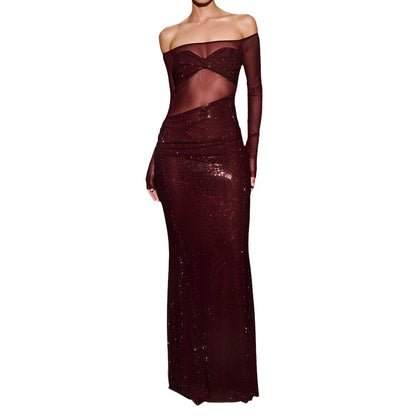 Womens Sexy Long Figure-hugging Off-shoulder Dress