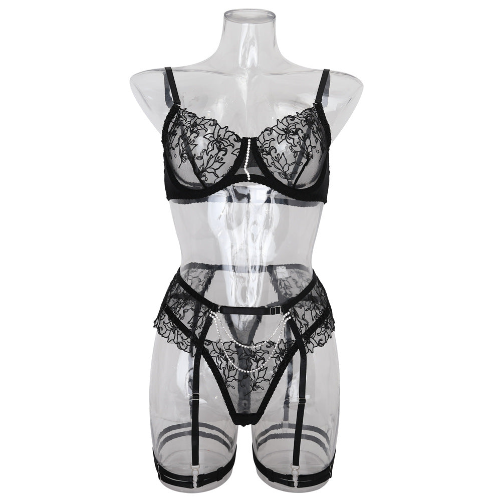Chain Flower Embroidered Underwear Bra Set Female