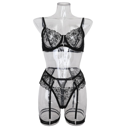 Chain Flower Embroidered Underwear Bra Set Female