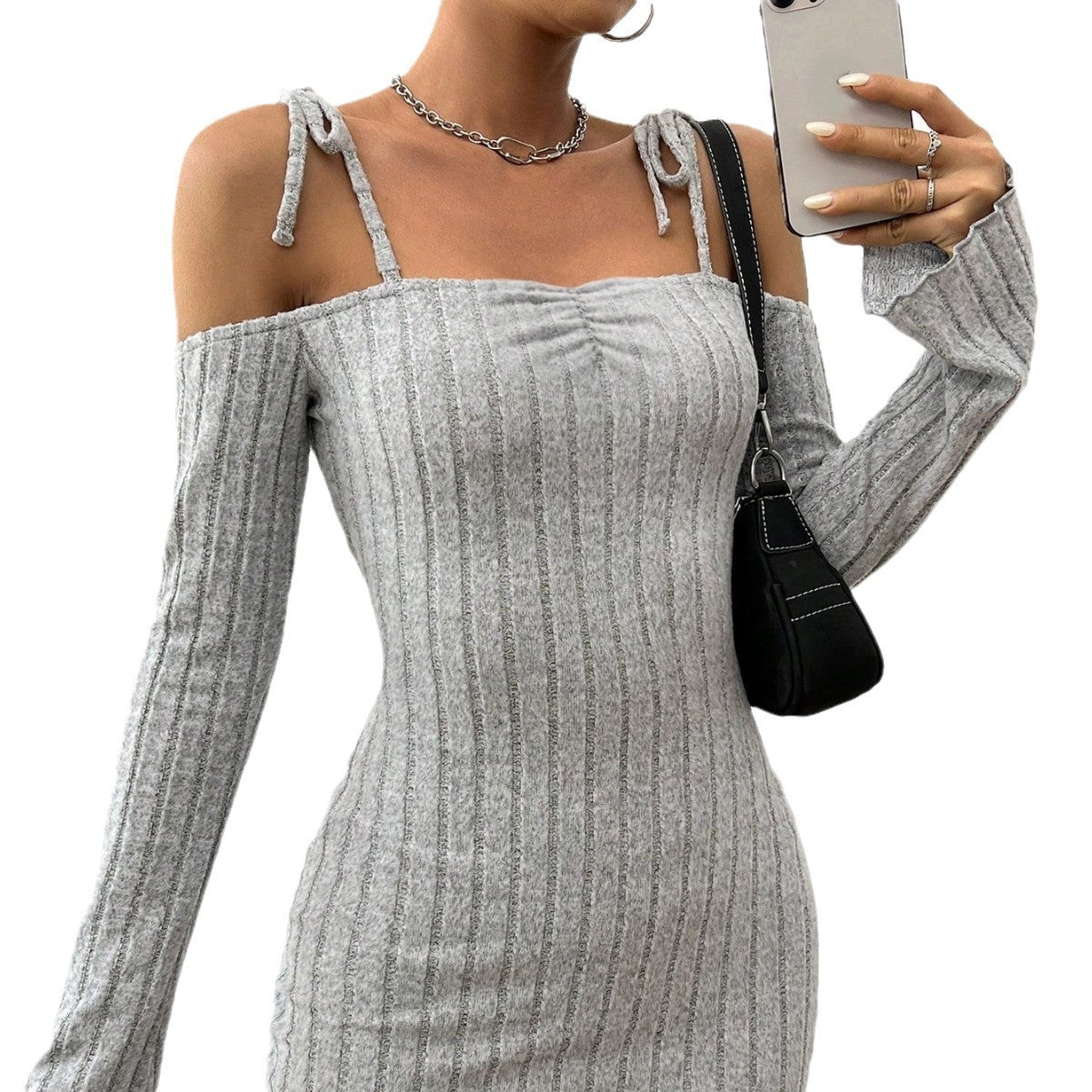 Womens Clothing Strappy Slip Dress With A Halter Neckline And A Figure Hugging Short Skirt