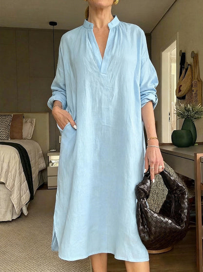 Womens Retro Cotton-Linen Long-Sleeve V-Neck Pocket Dress