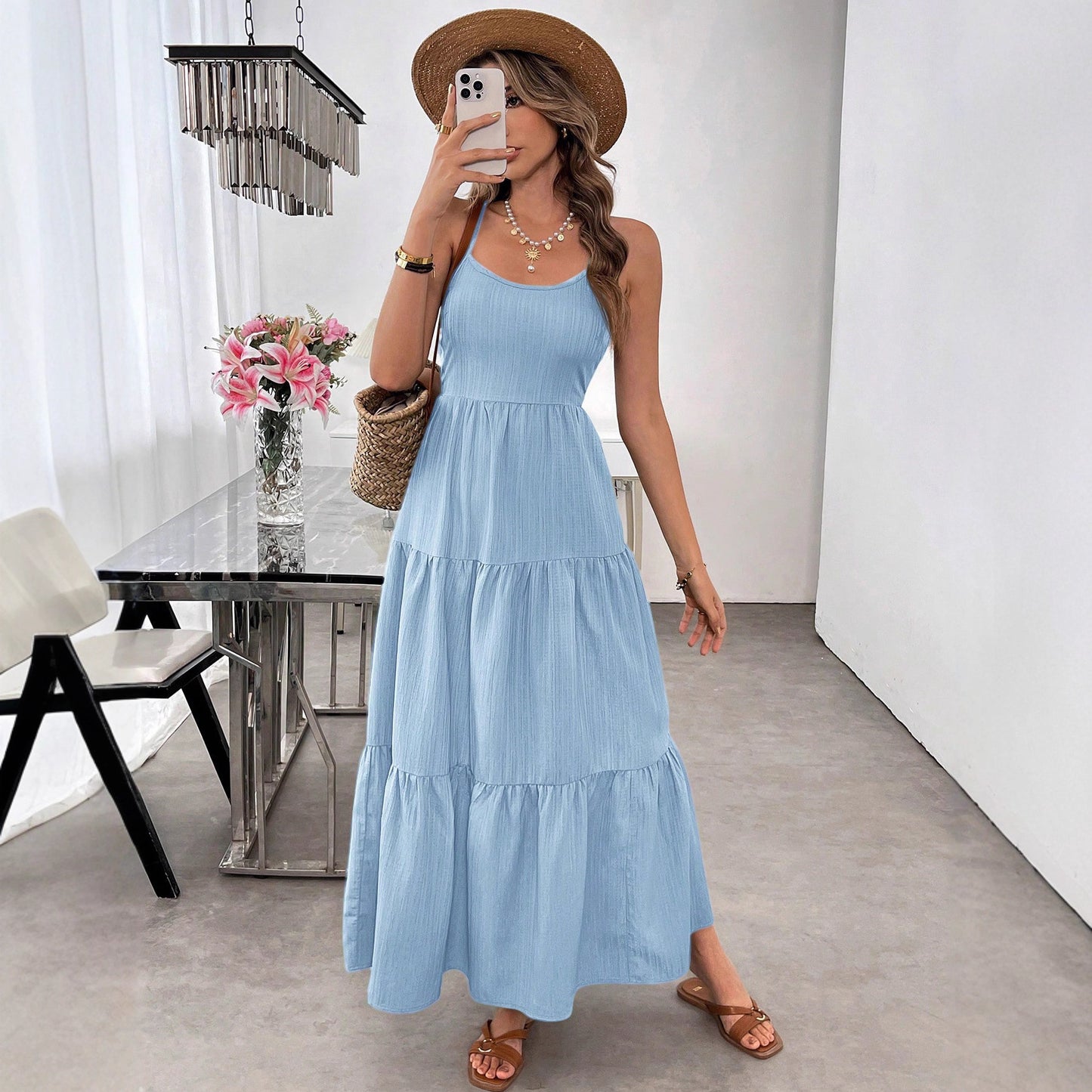 Backless Spaghetti-strap Tiered Maxi Dress With A Tie And A Large Bow At The Waist