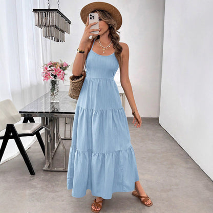 Backless Spaghetti-strap Tiered Maxi Dress With A Tie And A Large Bow At The Waist