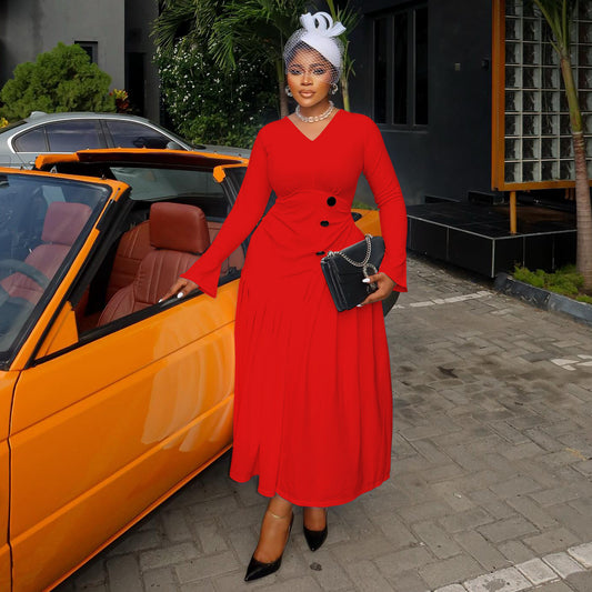 V-neck Waist-cinching Fashionable Pleated Maxi Skirt