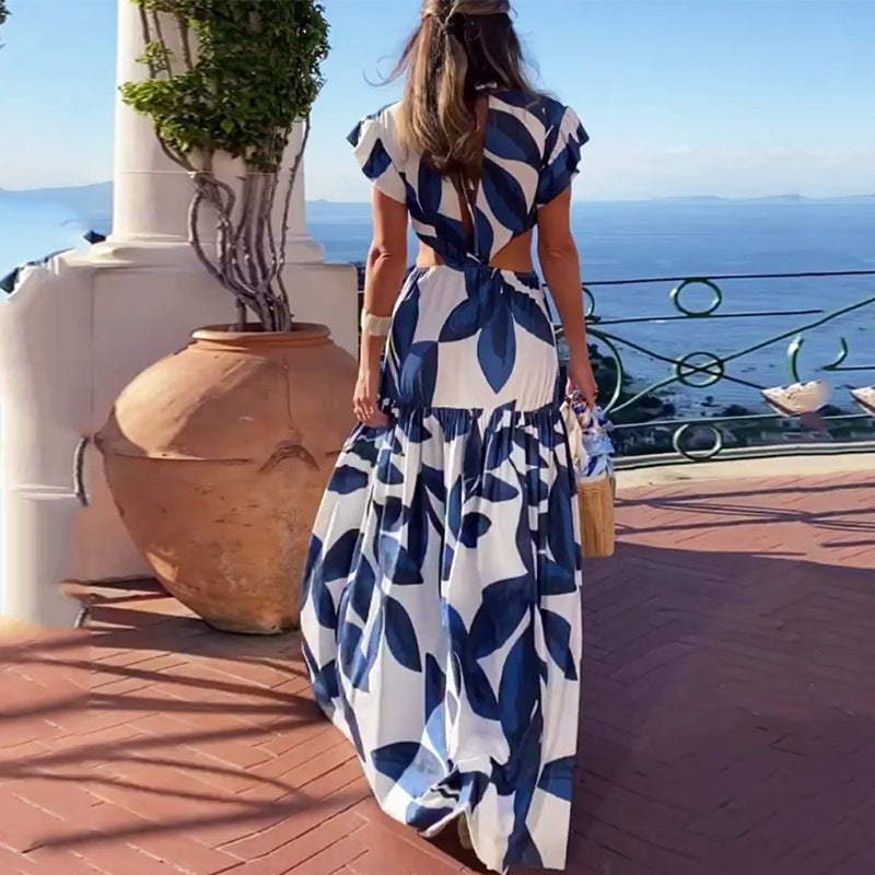 V-neck Ruffle Sleeve Waist Hollow Out Long Dress