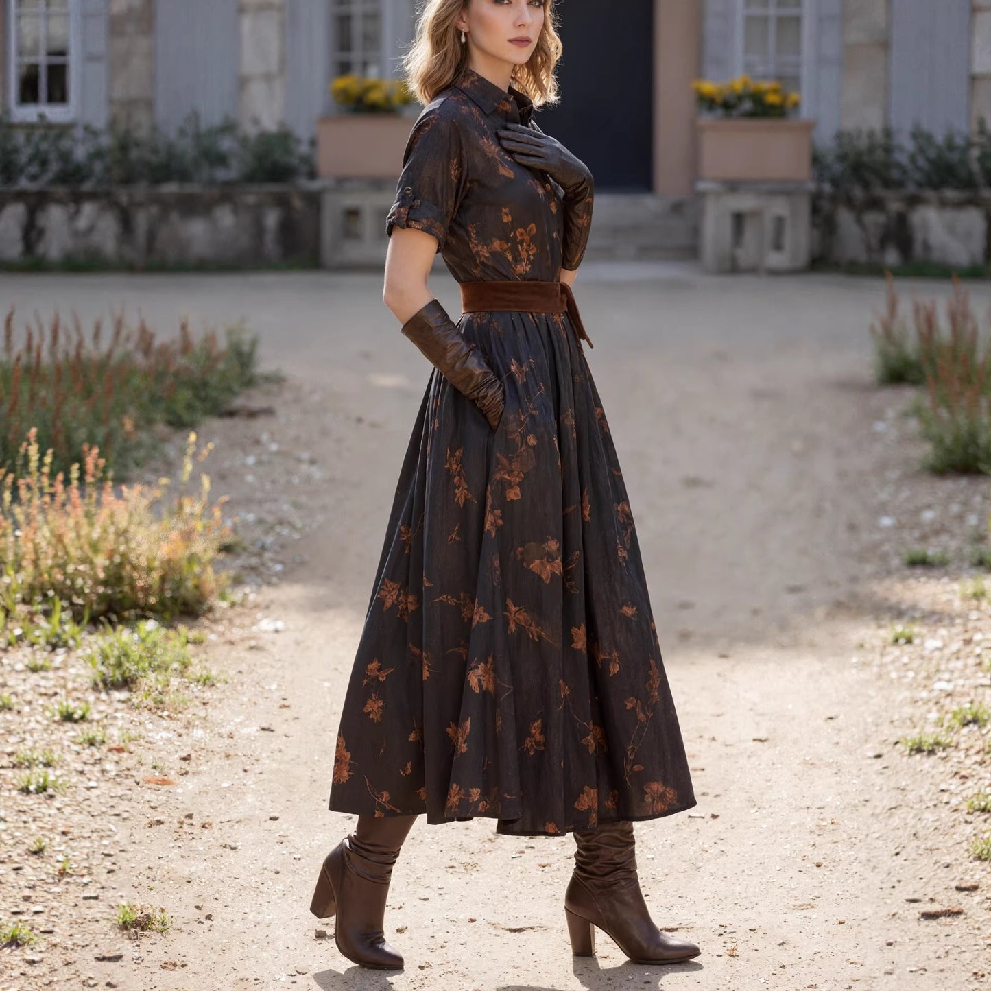 Womens Casual Retro Printed Waist-Cinching Short-Sleeve Dress