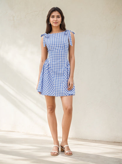 Womens Fashion Plaid Striped Belted Waist Dress