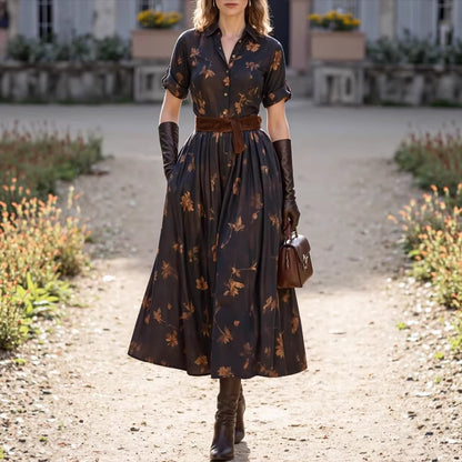 Womens Casual Retro Printed Waist-Cinching Short-Sleeve Dress