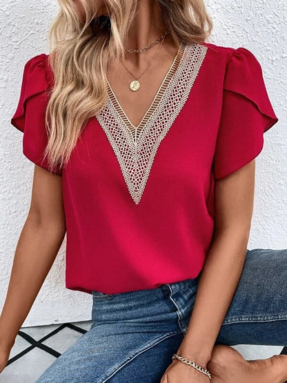 V-neck Lace Casual Solid Color Shirt