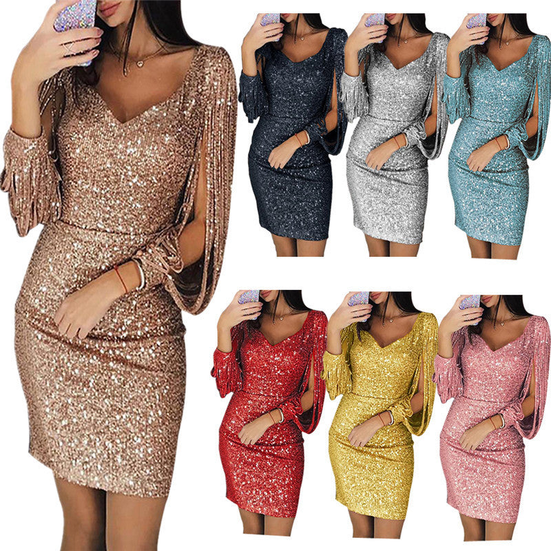 Womens Evening Tassel Sheath Dress