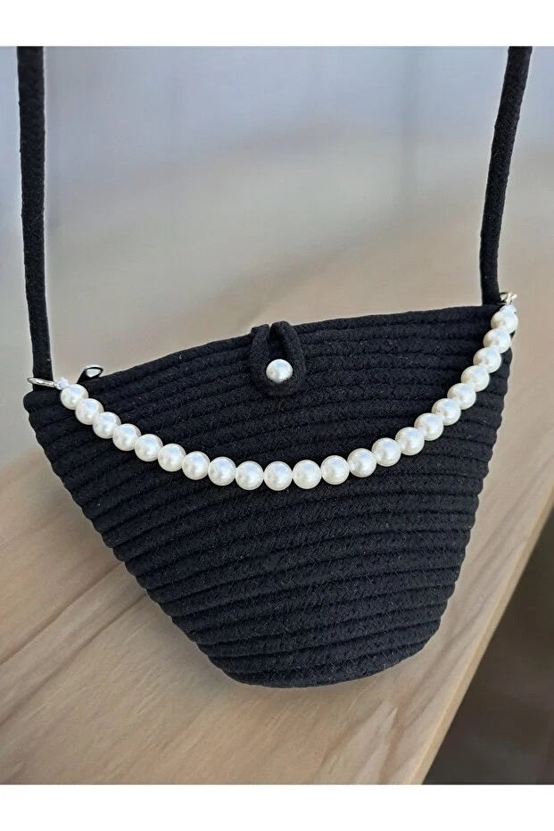 Women Black Pearl Design Classic Shoulder Bag