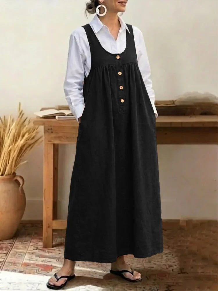 Solid-color Button-up Suspender Dress Sleeveless Loose-fit Casual Dress