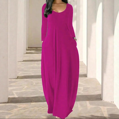 Womens Solid-Color Crew-Neck Long-Sleeve Dress With Pockets