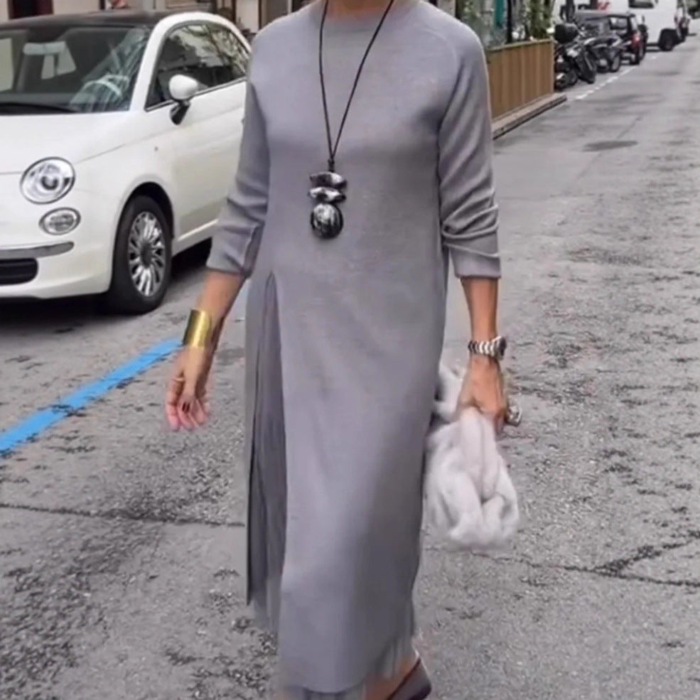 Womens Casual Knitted V-Neck Split-Joint Mesh Dress