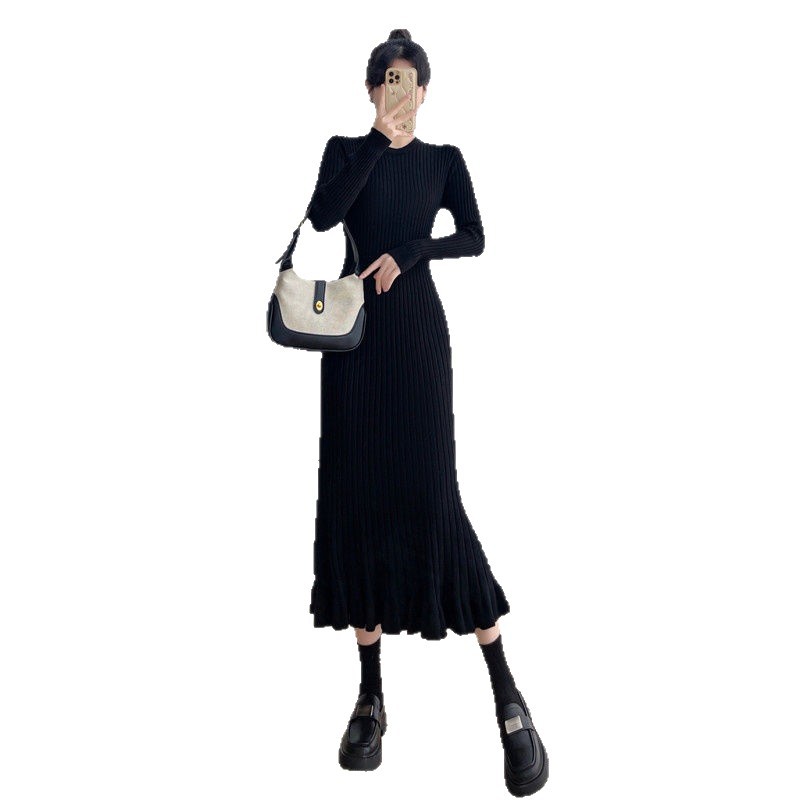 Womens Slimming Figure-Hugging Long-Sleeve Knitted Dress