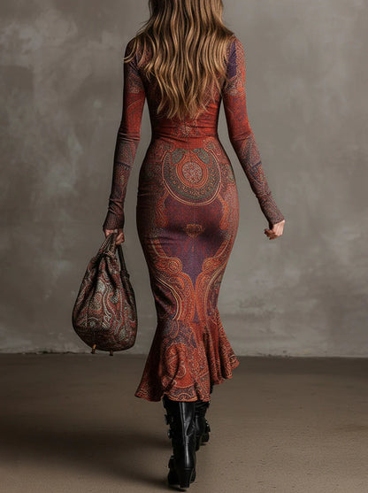 Retro Printed Zipper Long Sleeved Dress