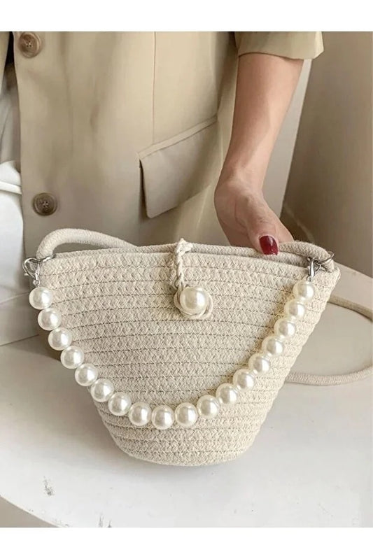 Women Pearl Design White Shoulder Bag
