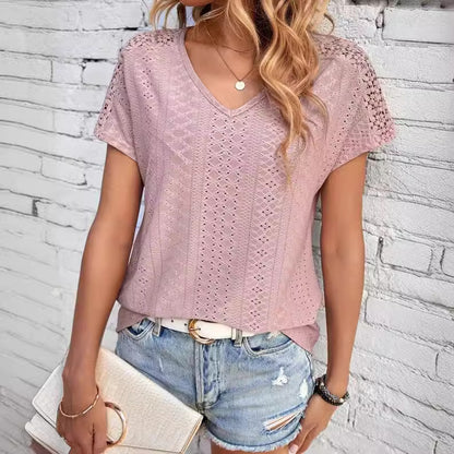 Women's Solid Color And V-neck Top Hollow Mesh Short Sleeve
