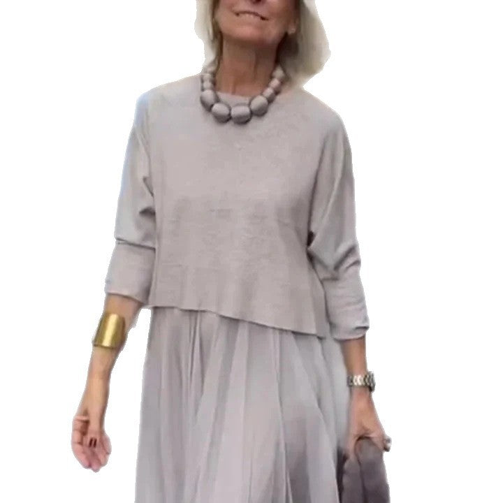 Womens French-Style Retro Elegant Casual Patchwork Solid-Colored Mesh Dress