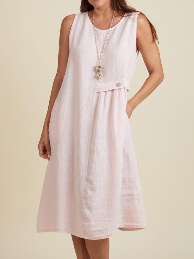 Womens Cotton-Linen Sleeveless Crew-Neck Dress With Buttoned Pockets, Western Style