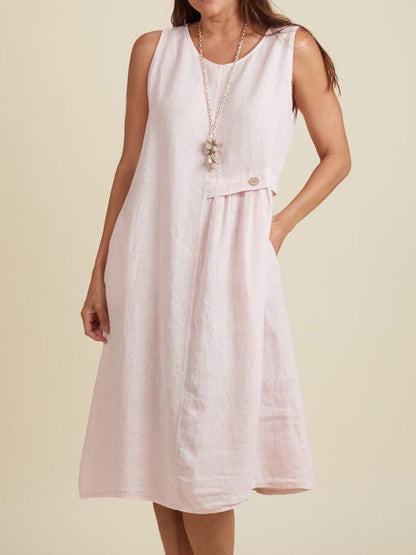Womens Cotton-Linen Sleeveless Crew-Neck Dress With Buttoned Pockets, Western Style