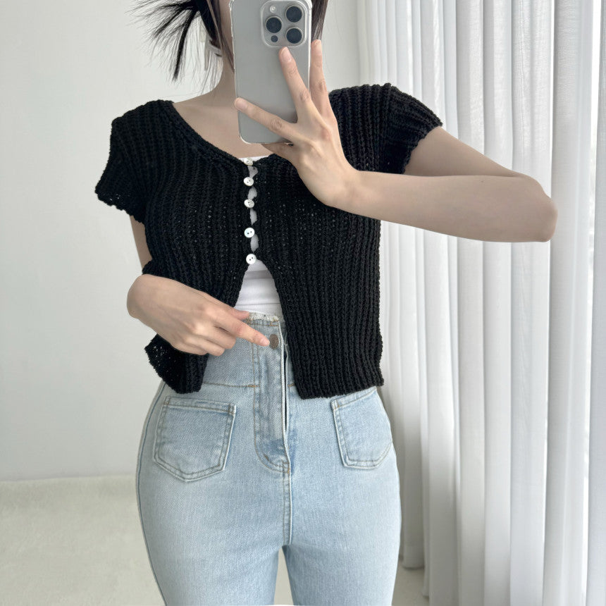 V-neck Small Breasted Split Short-sleeved Sweater Top