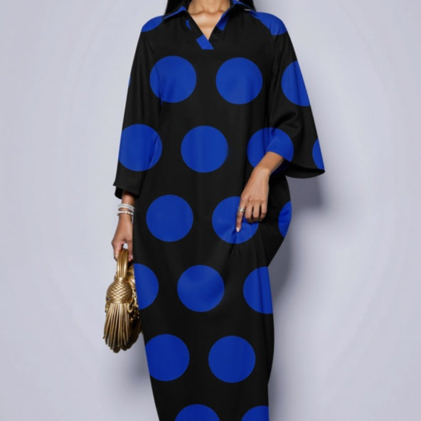 Casual, Chic Polka-dot Print Loose-fitting Dress With Batwing Sleeves For Women