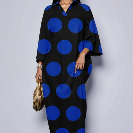 Casual, Chic Polka-dot Print Loose-fitting Dress With Batwing Sleeves For Women