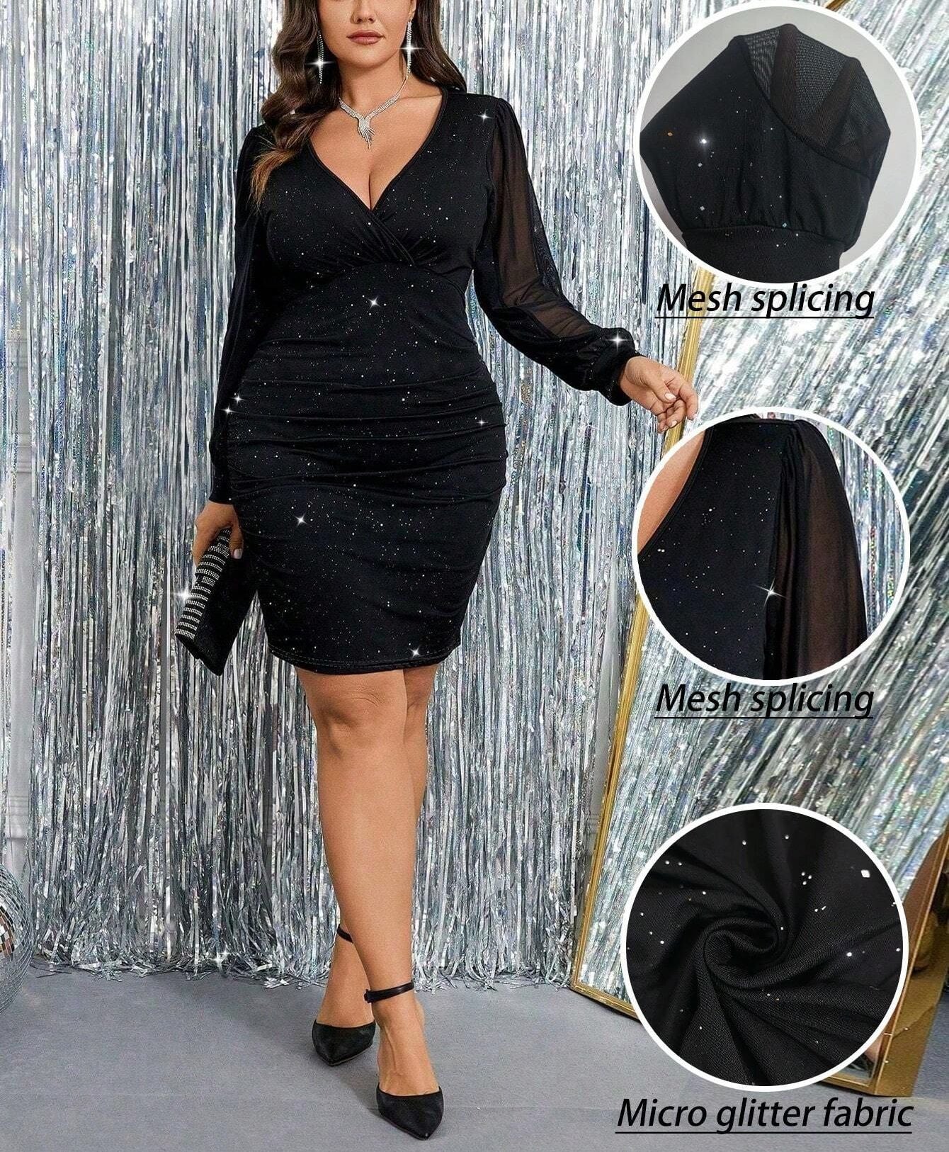 Womens Shiny Long-Sleeve Deep-V-Neck Dress For Women