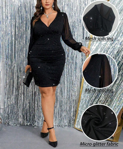 Womens Shiny Long-Sleeve Deep-V-Neck Dress For Women