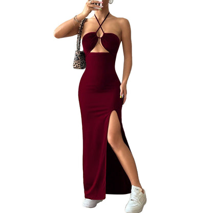 Womens Solid-Color Casual Halterneck Slim-Fit Dress