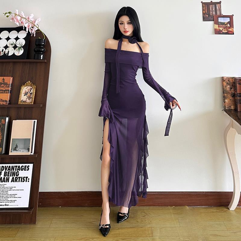 Off The Shoulder Mesh Long Sleeve Dress Figure Hugging And Hip Hugging Maxi Length