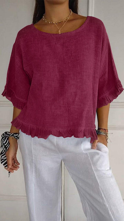 Pure Color Ruffles T-shirt Female Casual Short-sleeved Top