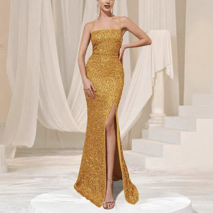 Fashionable Slip Dress With Sequins And A Slit Perfect For Formal Occasions
