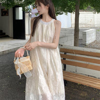 Sleeveless Halterneck Dress With Chiffon Lace Crochet And Off The Shoulder Design