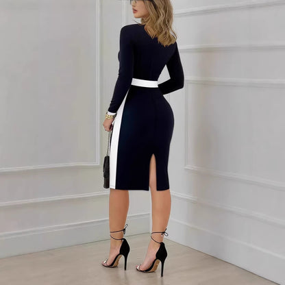 Color-Block Minimalist Long-Sleeve Bodycon Patchwork Elegant Dress
