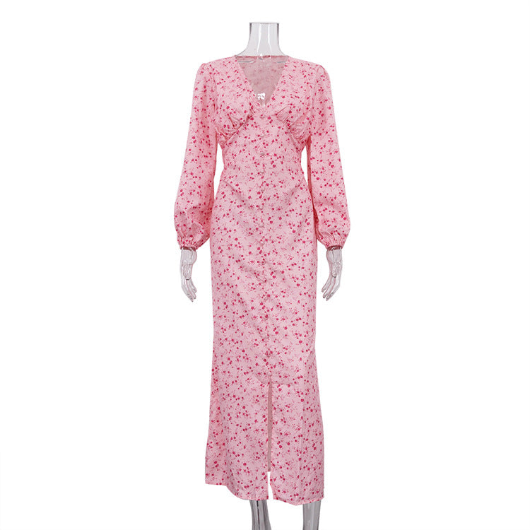 V-neck Long-sleeve High-waisted Floral Maxi Dress With A Slit
