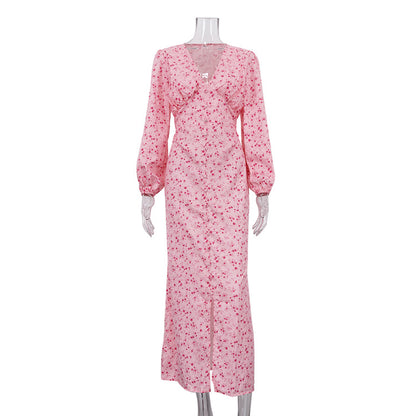 V-neck Long-sleeve High-waisted Floral Maxi Dress With A Slit