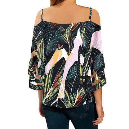Flared Sleeve V-neck Printed Off Shoulder Sling Top