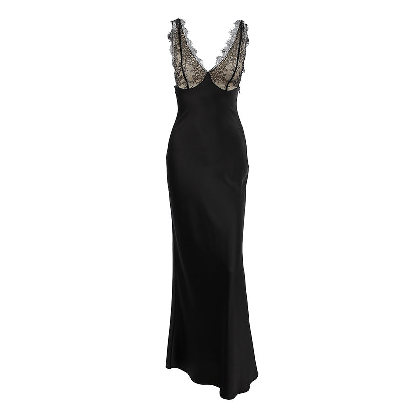 New French-style Lace-and-satin Patchwork Dress