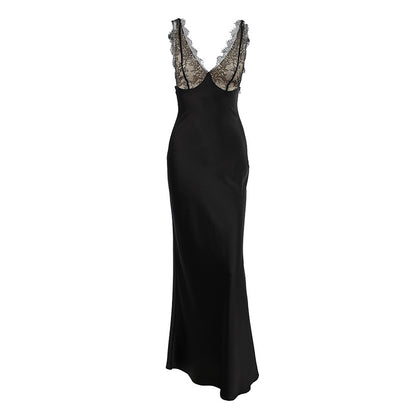 New French-style Lace-and-satin Patchwork Dress