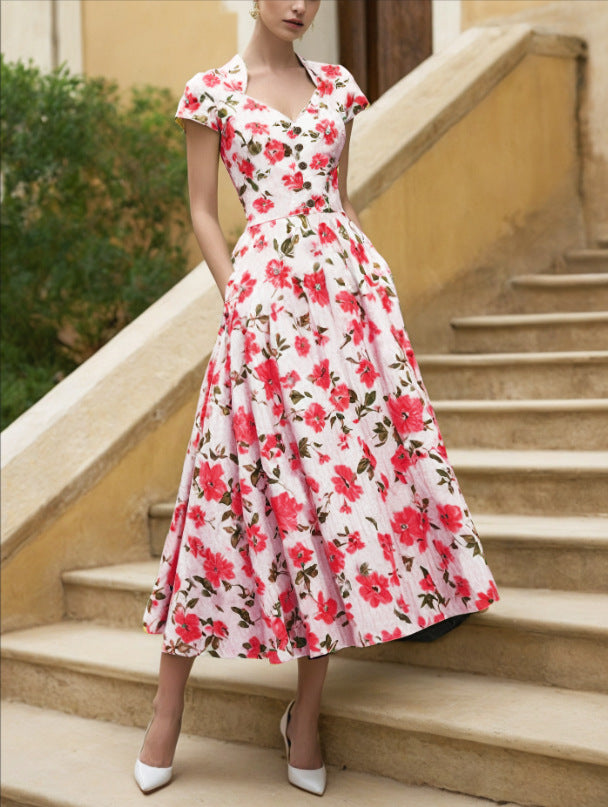 Retro Casual Printed V-neck Short-sleeve Womens Dress