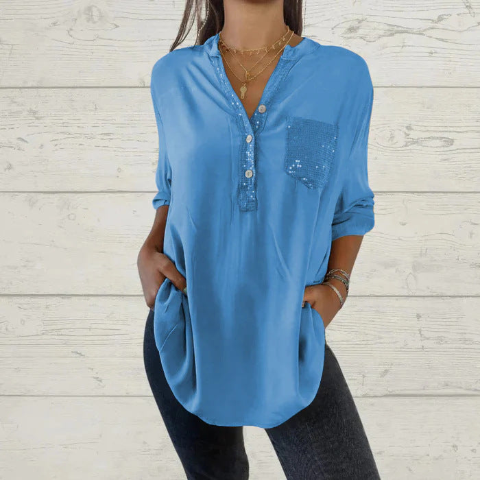 Women's Casual V-neck Pocket Patchwork Sequin Shirt