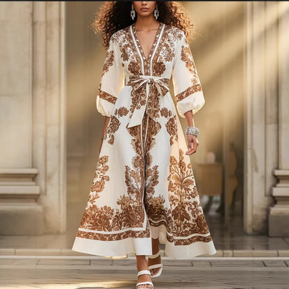 Elegant Printed V-Neck Dress With Puffed Sleeves