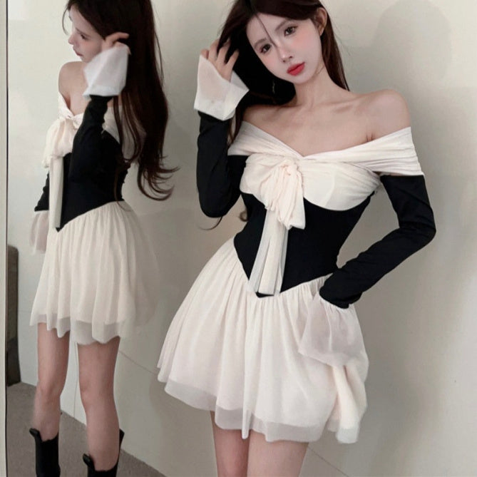 Womens Court-Style Off-the-Shoulder Flared-Sleeve Dress