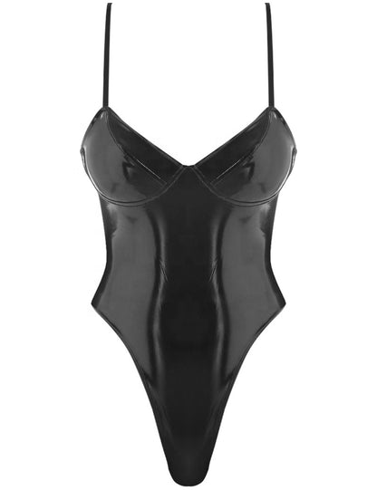 Women's Black Camisole Patent Leather One-piece Underwear