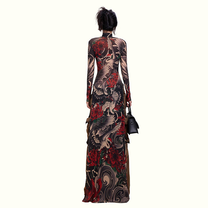 Stylish Half-high-neck Long-sleeve Top With A Bold Animal Print Featuring A High Slit For A Modern Edgy Look