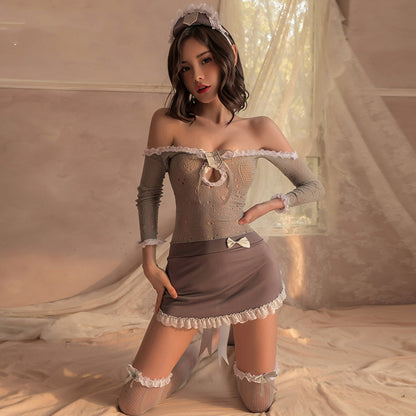 Underwear Women's Uniform Temperament Grey Fishnet Maid One Piece Set