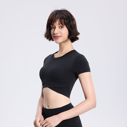 Women's Yoga Short Double-layer Hem With Chest Pad Sports Running Tight Round Neck Top
